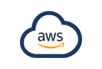 The image shows the AWS (Amazon Web Services) logo. It features the letters "a w s" in lowercase, dark blue font, and positioned within a simple dark blue cloud outline. Below the letters, there is an orange curved line resembling a smile.