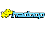 The image shows the logo of Hadoop, consisting of a friendly, yellow cartoon elephant to the left and the word "hadoop" in lowercase letters written in light blue with a black outline to the right.