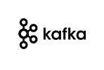 The image shows the Apache Kafka logo, which includes the word "kafka" written in a lowercase font next to a circular icon symbolizing a streaming process, with interconnected circles and lines forming a network.