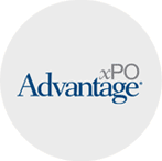 Logo of Advantage xPO featuring the word "Advantage" in blue serif font with "xPO" in smaller, grey serif font positioned to the upper right of the "e" in "Advantage." The background is light grey.