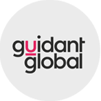 The image is the logo of Guidant Global. It features the words "guidant global" in lowercase, black letters. The letter "u" in "guidant" is stylized in pink and underlined with a pink line. The logo is set against a light gray circular background.