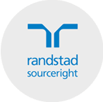 The image shows the logo of Randstad Sourceright, featuring a stylized, blue letter "R" above the company’s name written in lowercase blue letters. The background is a light grey circle.