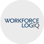 The image shows the logo of Workforce LogiQ. The text "Workforce" is in blue, and "LogiQ" is in both blue and grey, with the letter "Q" distinguished by a magnifying glass graphic forming the tail of the "Q". The background is a light-grey circle.