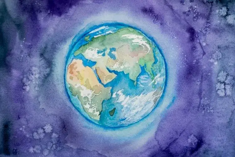 A watercolor illustration of Earth, surrounded by a cosmic background in shades of purple and blue, symbolizing Earth Day and environmental awareness.
