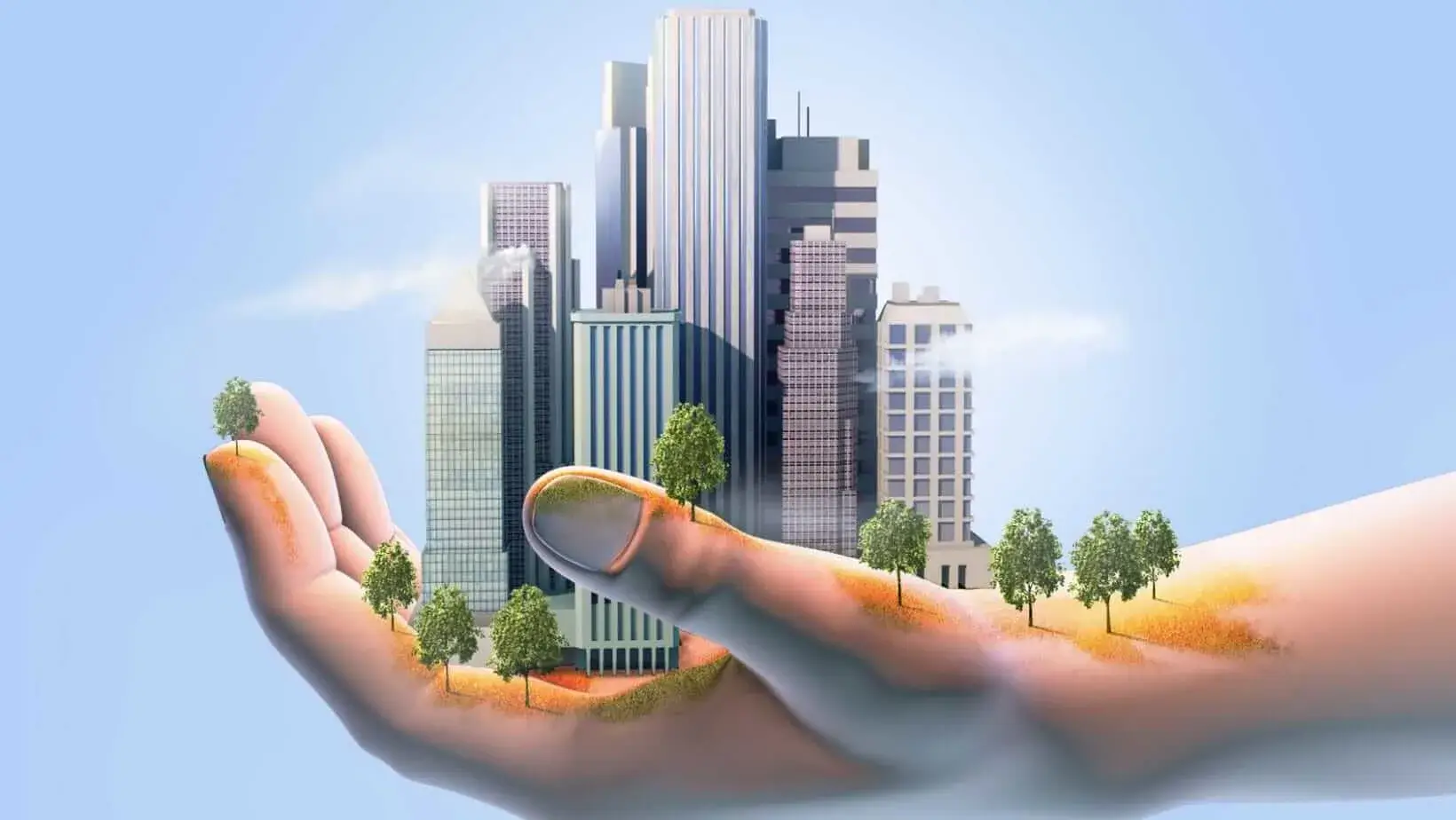 A digital hand holds a miniature city with skyscrapers and trees under a blue sky.