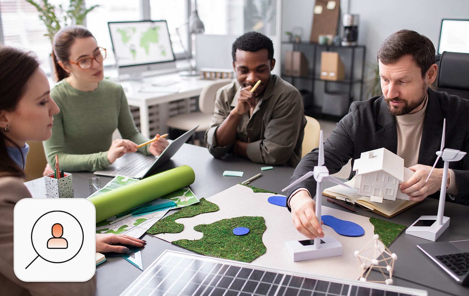 Happy team in a sustainable workplace