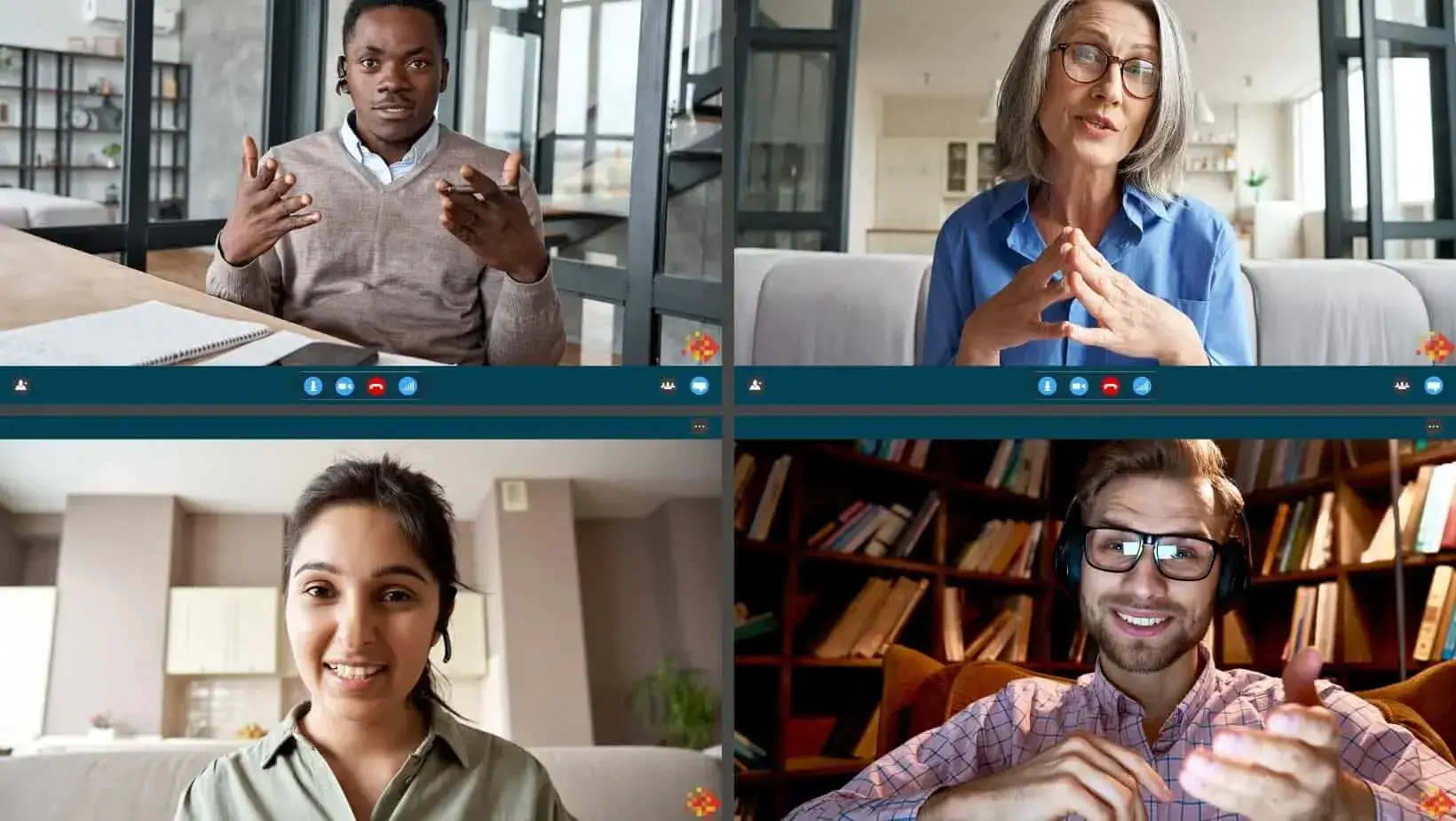 Virtual meeting with four participants engaged in conversation, with notebooks and bookshelves in the background, reflecting soft skills evaluation.