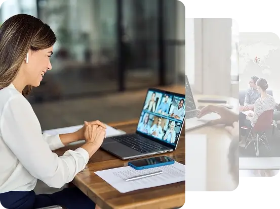 A woman working on a laptop at a desk, engaged in a video call, surrounded by documents and a smartphone, symbolizing virtual collaboration.