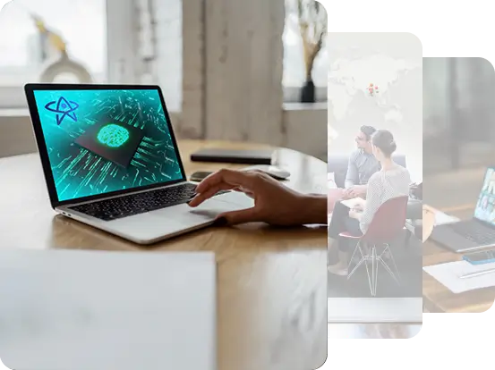 Laptop displaying ARYA's digital brain interface, with a hand interacting, symbolizing AI integration in staffing solutions.