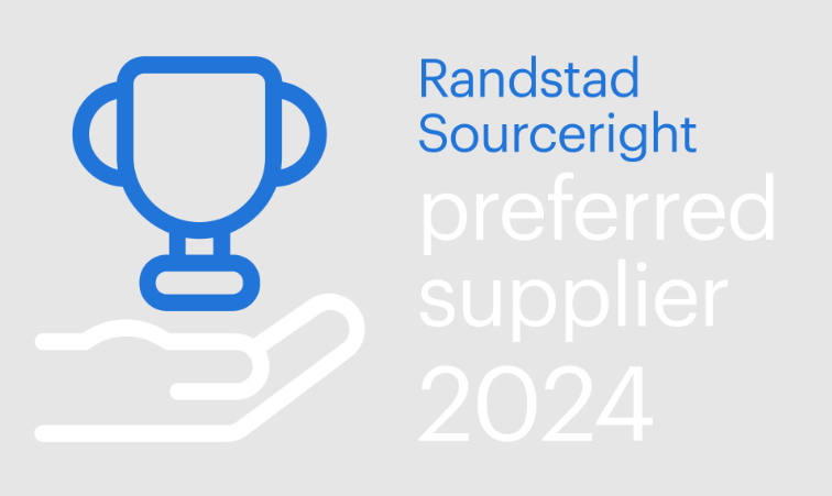 Graphic showcasing a trophy and a hand with text confirming Randstad Sourceright as a preferred supplier for 2024.