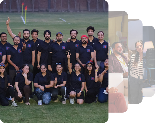 A group of people wearing black shirts pose for a group photo outdoors on grass, with some making peace signs. Three faded images are layered to the right.