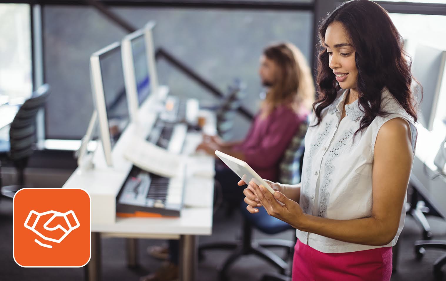 Recruiter with tab offering vendor on premise staffing service