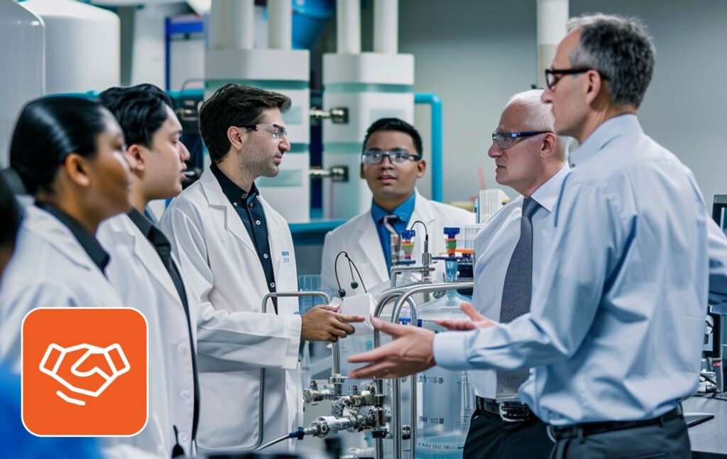 Pharma teams collaborating in a lab through agile staffing