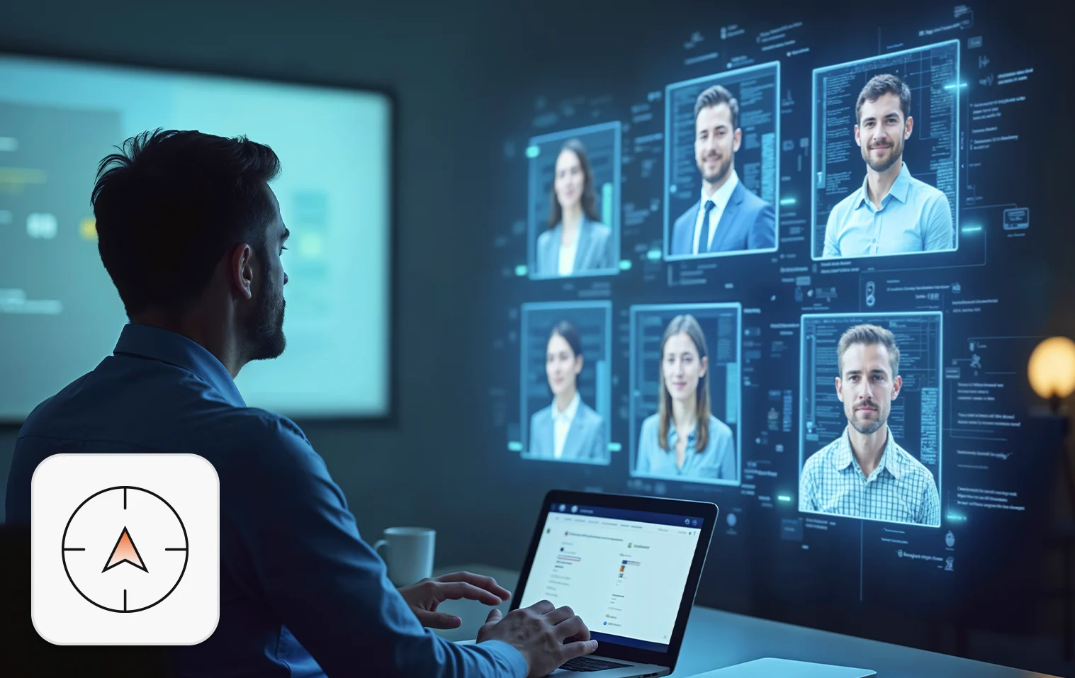 Strategic staffing plan concept: Person choosing employees from an interactive screen