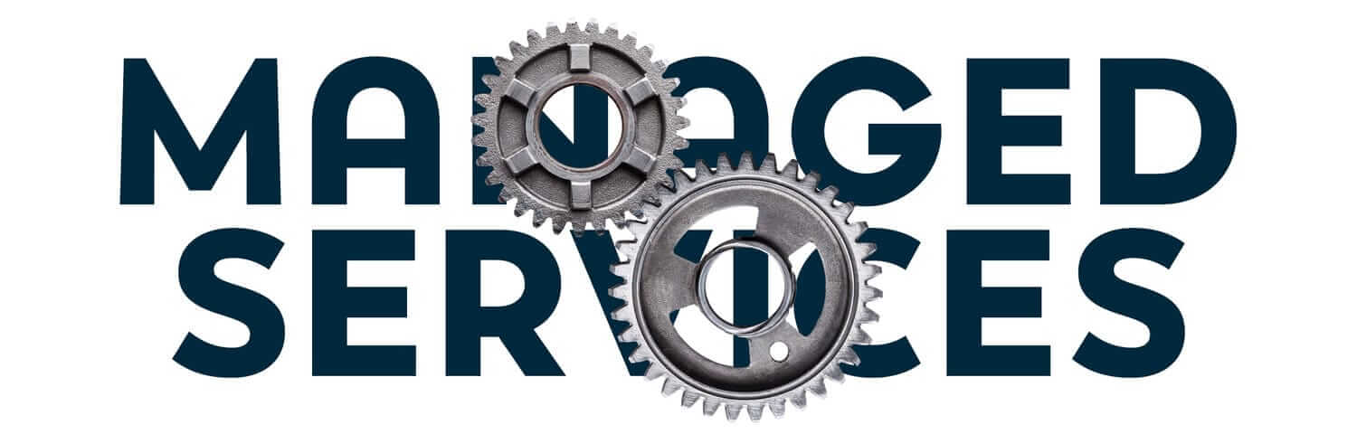 The image features the words "Managed Services" in bold, dark blue letters, overlaid with two metallic gears that intersect, partially obscuring the text. The gears symbolize integration and seamless operation.