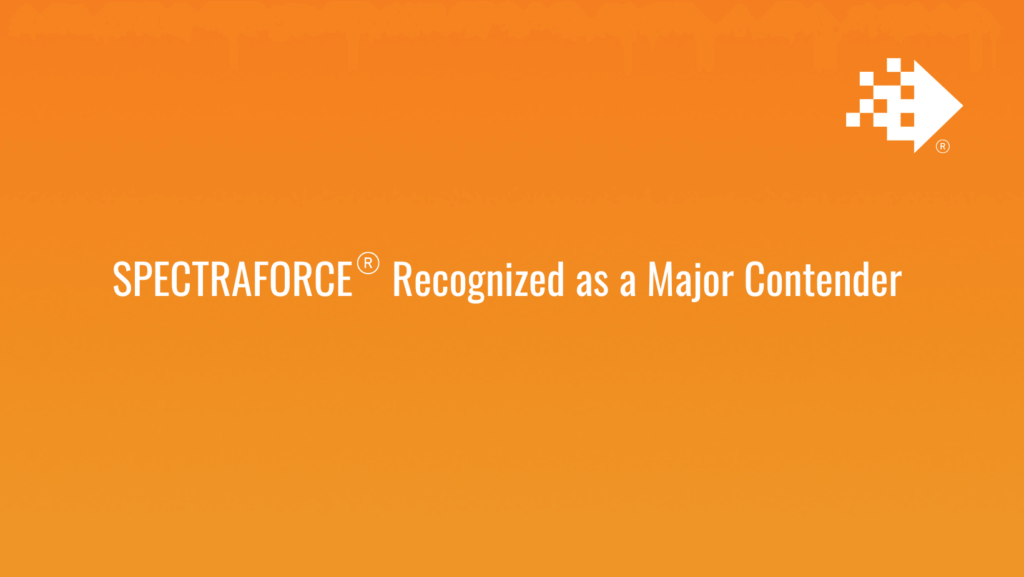 An image with an orange gradient background features the text "SPECTRAFORCE® Recognized as a Major Contender" in white, centered. The top right corner includes a white pixelated arrow symbol.