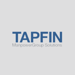 Logo of TAPFIN, a division of ManpowerGroup Solutions, with "TAPFIN" in bold, blue letters and "ManpowerGroup Solutions" in smaller grey letters below it, set against a light grey background.