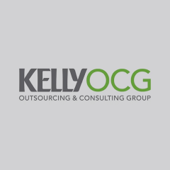 Logo of KellyOCG, featuring the text "KELLYOCG" with "KELLY" in bold, gray letters and "OCG" in green letters. Below, in smaller font, are the words "OUTSOURCING & CONSULTING GROUP" in gray. The background is light gray.