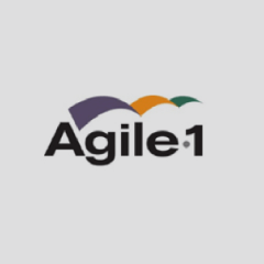 The image shows the logo for Agile•1. The text "Agile•1" is in black, with geometric shapes in purple, orange, and green arching over the top of the text. The background is white.