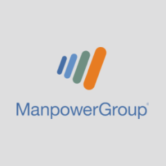 The image features the ManpowerGroup logo. It consists of four vertical bars in different colors (blue, green, and orange) to the left of the word "ManpowerGroup" written in blue text.
