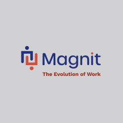 A logo with "Magnit" in blue text and the slogan "The Evolution of Work" below in red text. The logo features a design with two interconnected shapes, one blue and one red, with circles on top, resembling abstract human figures connected with an angle.