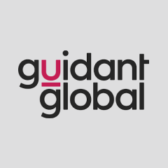 Logo of Guidant Global. The word "guidant" is written in black lowercase letters with a stylized red "u", and the word "global" in black lowercase letters beneath it. The background is light grey.