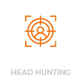 An orange icon of a person inside a crosshair, signifying a target, is displayed above the text "HEAD HUNTING" in gray font. The image represents the concept of headhunting or targeted recruitment.