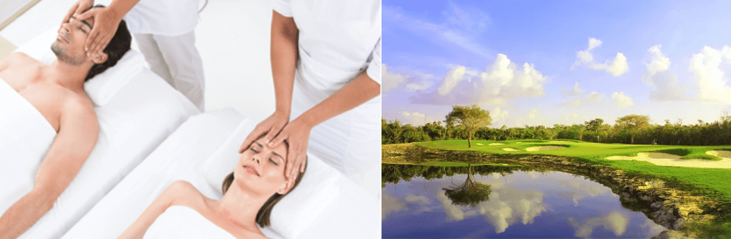Split-screen image: On the left, a man and woman receive head massages while lying on white spa beds. On the right, a lush golf course with well-manicured greens, sand bunkers, and a tranquil water feature under a partly cloudy sky.