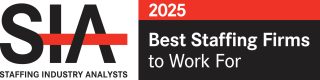 Logo for Staffing Industry Analysts (SIA) highlighting "Best Staffing Firms to Work For" for 2025 in bold black and red text.