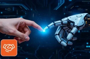 AI in staffing AI in staffing concept: Human and robot hand