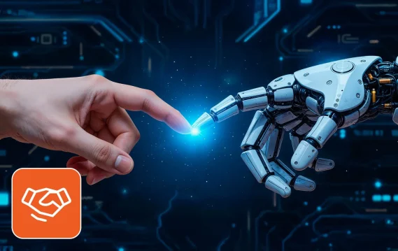 AI in staffing AI in staffing concept: Human and robot hand