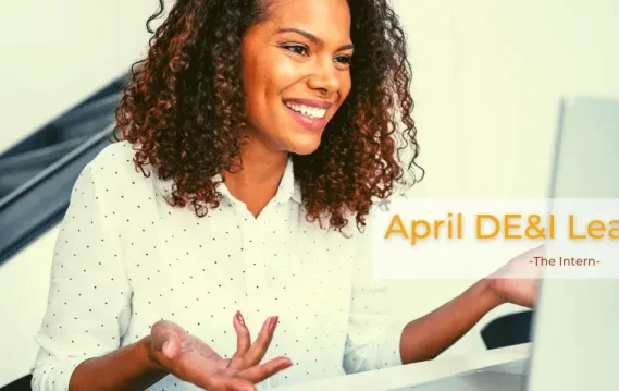 A smiling intern shares April DE&I insights during a virtual meeting, promoting inclusion and workplace diversity.