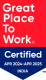 Great Place to Work certified emblem for India, valid from April 2024 to April 2025. Red and blue design highlights the certification.