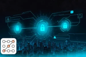 Cybersecurity hiring trends concept: digital locks with a cityscape in background