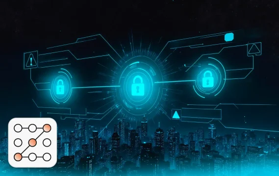 Cybersecurity hiring trends concept: digital locks with a cityscape in background