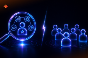 Comparación visual entre staffing especializado, representado por una lupa con ícono de talento destacado, y staffing generalista, representado por un grupo de personas