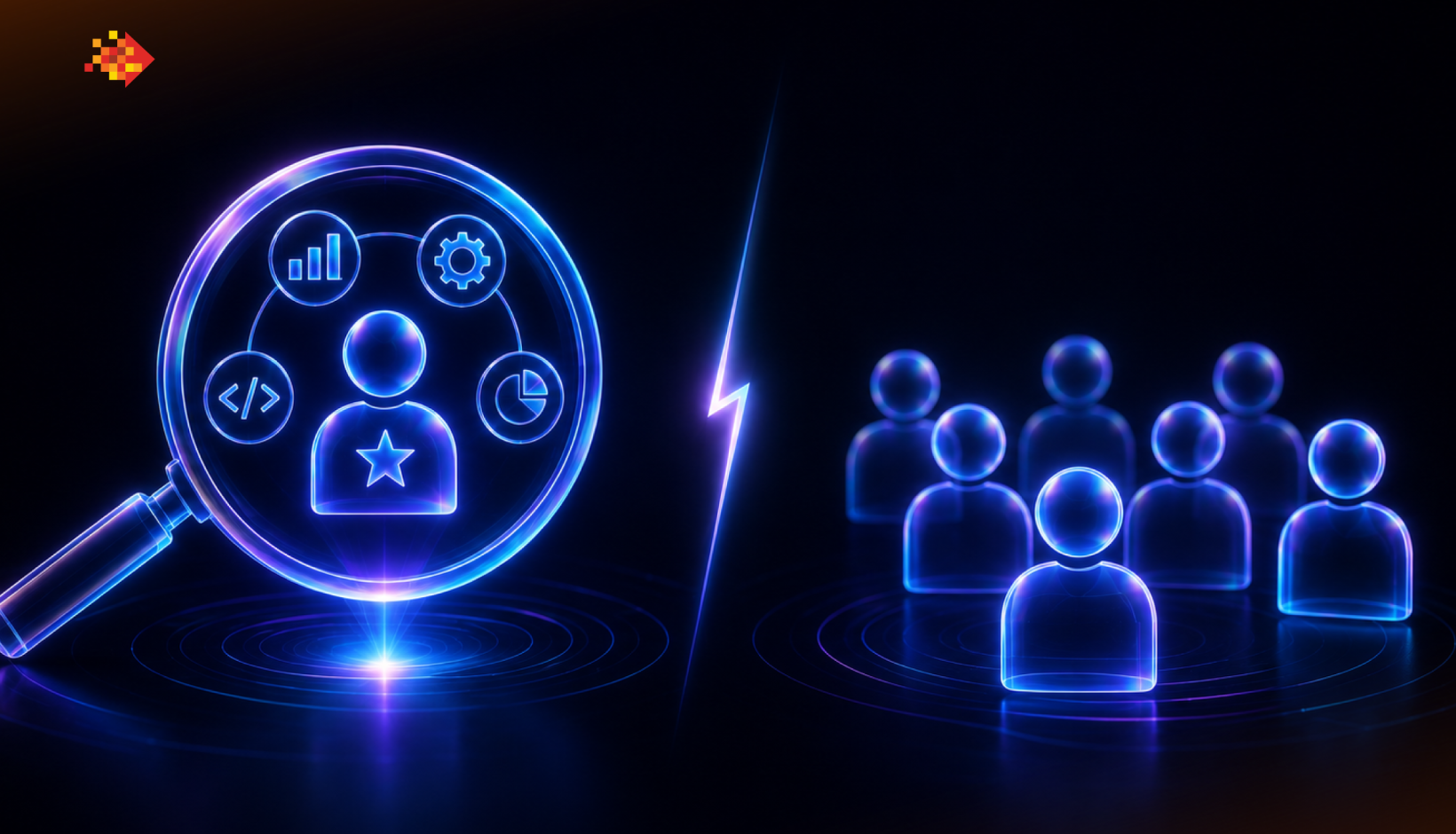 Comparación visual entre staffing especializado, representado por una lupa con ícono de talento destacado, y staffing generalista, representado por un grupo de personas