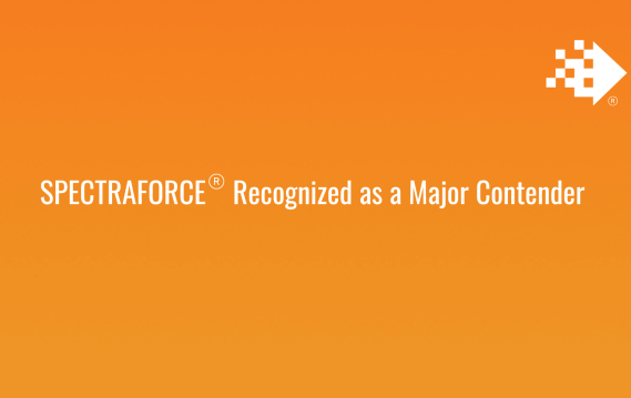 EVEREST GROUP header Orange gradient background with white text that reads: "SPECTRAFORCE® Recognized as a Major Contender in Everest Group's PEAK Matrix®." A pixelated arrow logo pointing right is in the top right corner.