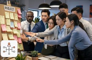A group of employees discussing enterprise workforce strategy in front of a board with sticky notes