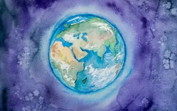 A watercolor illustration of Earth, surrounded by a cosmic background in shades of purple and blue, symbolizing Earth Day and environmental awareness.