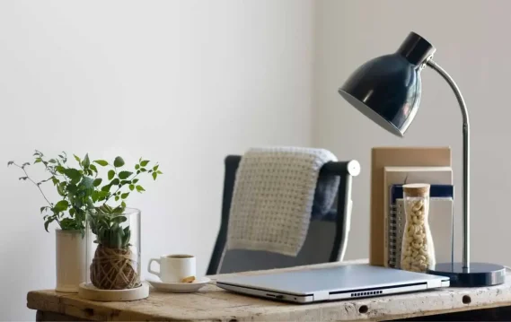 Minimalist home office desk with laptop, desk lamp, plants, and a cup of coffee.