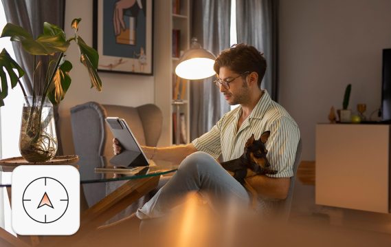 Hybrid work concept: Person working from home with pet dog