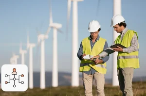 Engineers at a wind farm highlighting energy workforce staffing for renewable energy projects