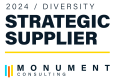Logo for Monument Consulting, showcasing "2024 Diversity Strategic Supplier" in bold text with colorful accent bars.