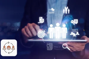 Mid-market staffing solutions concept: A person holding a tablet and the image shows lit icons related to human resources