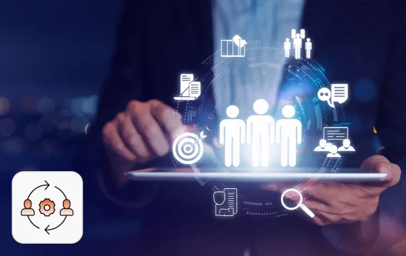 Mid-market staffing solutions concept: A person holding a tablet and the image shows lit icons related to human resources