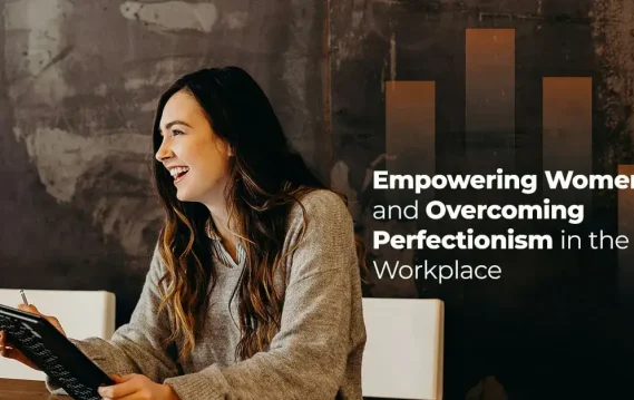 Patricia-Arboleda-blog-bannerArtboard-3-2 Smiling woman holding tablet with text overlay "Empowering Women and Overcoming Perfectionism in the Workplace" on dark background