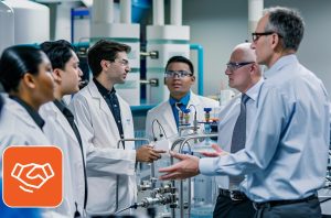 Pharma teams collaborating in a lab through agile staffing