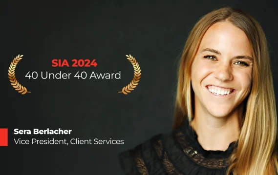 Award graphic featuring "SIA 2024 40 Under 40" and Sera Berlacher, Vice President of Client Services at SPECTRAFORCE.