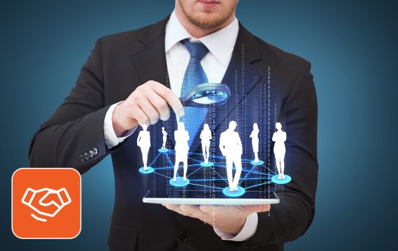 Businessman analyzing digital human resource network